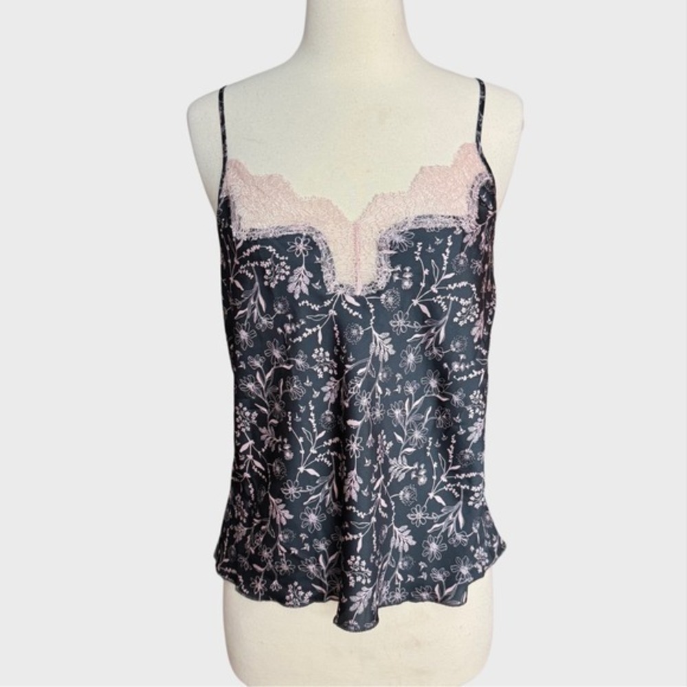 Victoria's Secret medium gray and pink botanical print lace cami cottage core